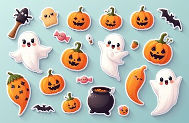 Fototapeta premium Cute Halloween icons smiling ghosts, carved pumpkins, bats, candies, and cauldron. Festive collection of cartoon characters and symbols for autumn holiday celebration. Fun seasonal decorations.