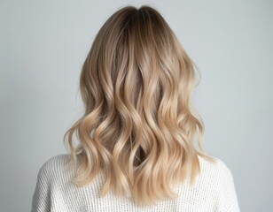 Fototapeta premium Rear view of woman with blonde wavy shoulder length hair. Healthy shiny hair with balayage color shows texture and volume. Good for hair care advertising.