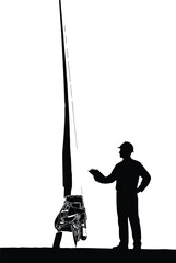 Silhouette of Construction Worker Standing Near Tall Crane Hoist Lifting Equipment on Building Site Industrial Engineering and Heavy Machinery Concept Illustration for Infrastructure