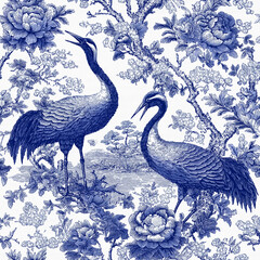 Fototapeta premium Blue and white toile-style illustration featuring two elegant cranes among blooming peonies and flowering branches. Ornate vintage composition with fine linework and a balanced decorative layout.