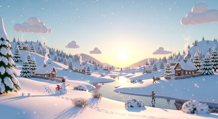 Winter Landscape with Snowy Mountains and Charming Cabins at Sunrise