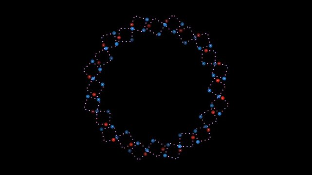A circular ring of red, blue, and purple nodes connected by delicate dotted lines, rotating slowly in a wreath-like formation.