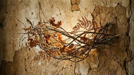 Fototapeta premium Rustic Autumn Arrangement of Dried Twigs and Leaves on Textured Wall
