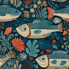 Seamless decorative pattern featuring stylized fish swimming among botanical elements on a dark teal background. Flat vector illustration with folk art influence, balanced composition, and repeating t