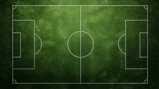 a green soccer field texture background with white chalk outlines of the lines on it, top view, flat lay