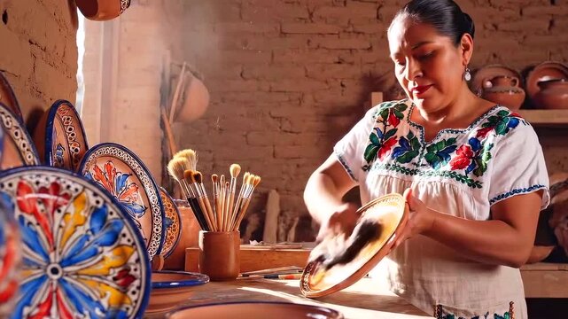 artisan painting colorful ceramic plates in rustic workshop, hand sanding rims, applying glaze with brush, inspecting finished talavera, arranging market display, warm sunlight, embroidered