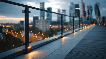 Fototapeta premium A modern glass railing on a rooftop terrace overlooks a city skyline at dusk with illuminated skyscrapers and soft bokeh lights.