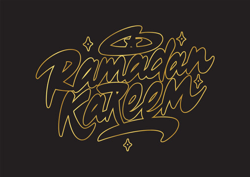 Lettering Ramadhan Kareem with Sparkle and Star Elements in Gold Color on Black Background, Usable for Name Card, Greetings, Poster, and Others