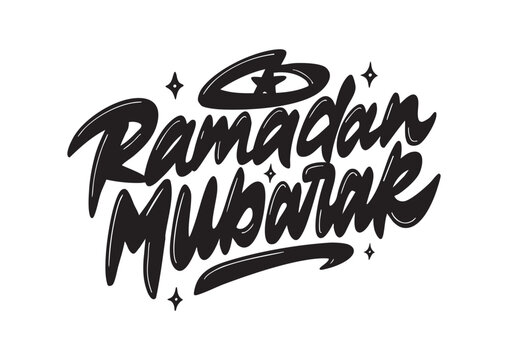 Lettering Ramadhan Mubarak with Sparkle and Star Elements in Black Color on White Background, Usable for Name Card, Greetings, Poster, and Others