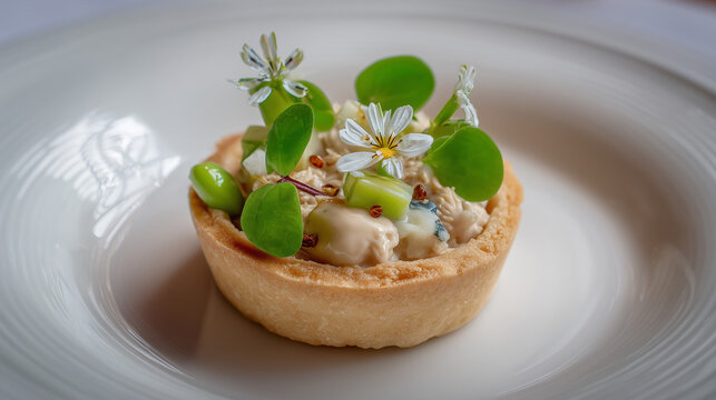 michelin star dining, Miniature pastry shell filled with smoked eel mousse, apple brunoise, and horseradish cream. Smoky, sharp, and balanced