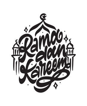 Lettering Ramadan Kareem with Mosque Illustration in Black Color on White Background, Perfect for Poster, Banners, greetings Card and etc