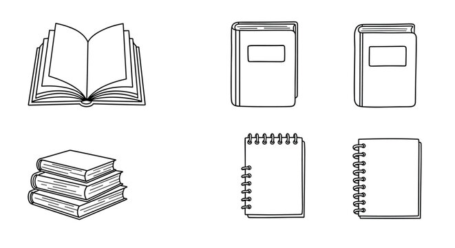  Set of books and notebooks in outline vector style, education and study materials collection with open book, stacked books and notepads