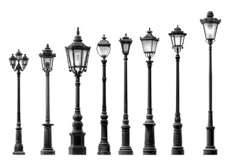 Fototapeta premium A row of antique-style lampposts, varying designs and shapes, illuminated