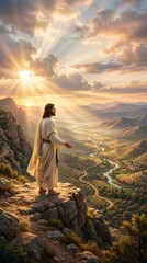 Jesus standing on mountain overlooking valley, golden sunlight rays, majestic spiritual scene, 4K wallpaper

