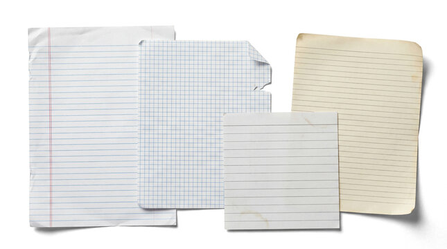 a selection of assorted lined and grid papers, including graph paper, notebook paper, and yellowed notepad pages, scattered on a transparent background for a dynamic composition.