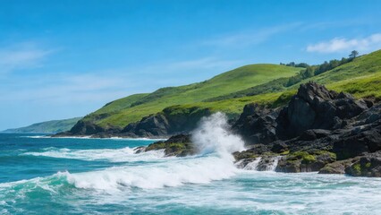 Obraz premium Coastal Cliffs with Crashing Waves and Green Hills