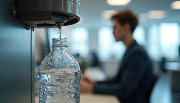 Man fills glass bottle with clear water from cooler in modern office. Person stays hydrated, drinks clean liquid at work desk. Refreshing beverage for healthy lifestyle.