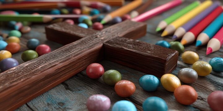 Wooden Cross with Colorful Pencils and Candies on Wooden Table for Religious Education