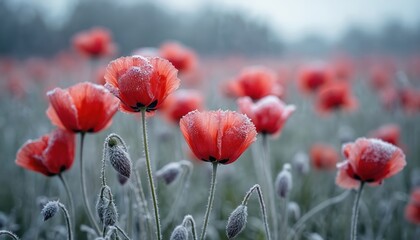 Fototapeta premium Red poppies bloom in frosty field. Delicate petals covered in ice crystals create unique winter nature contrast. Vivid color against soft grey backdrop. Peaceful seasonal scene.