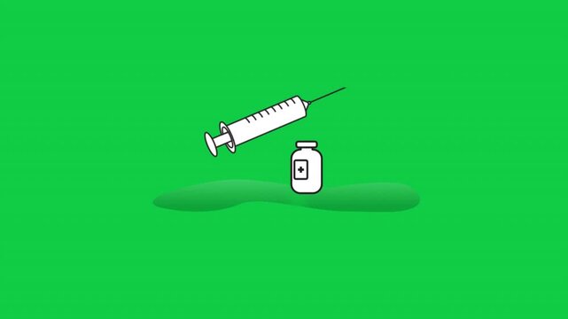 Animated syringe and medicine ampoule, dynamic motion, highlighting medical tools for healthcare, pharmaceutical, and clinical on green screen background