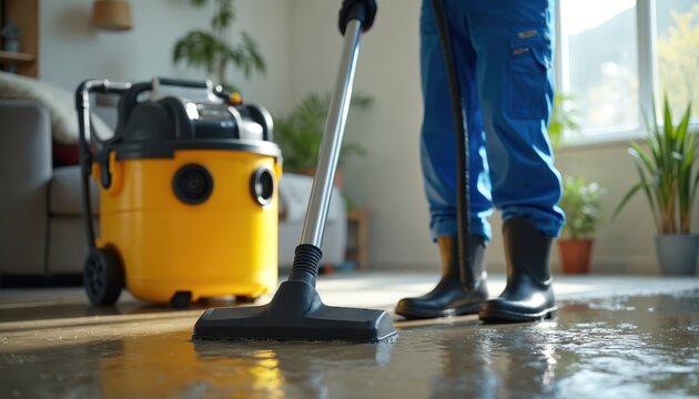 Worker in blue overalls and boots uses a powerful yellow wet vacuum to remove water from a flooded room. Cleaning up after home disaster or plumbing leak to restore property.