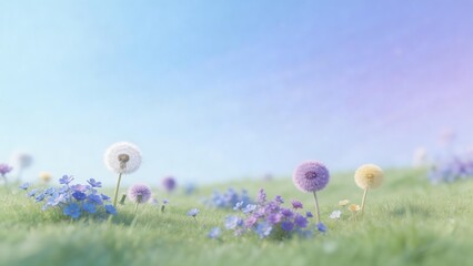 Dreamy Pastel Meadow with Dandelions and Wildflowers