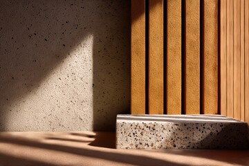A studio backdrop with textured beige wall vertical wooden slats and a speckled concrete block in sunlight casting strong shadows on a wooden surface