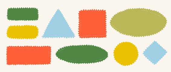 Obraz premium Colored hand drawn crayon stamps and boxes collection. Doodled rough edge borders and frames set. Playful sketched geometric shape pack for sticker, logo, collage, postcard, patch, label, icon. Vector