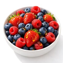 Obraz premium Mixed Berries with Honey in White Bowl Macro Flat Lay on White Background