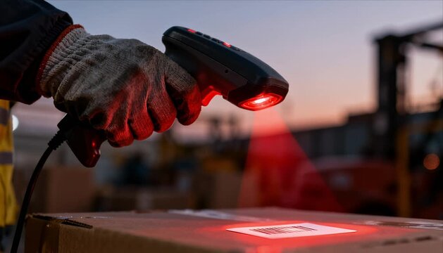 Worker hand scanner barcode warehouse logistic parcel delivery night shift red laser inventory control cargo box shipping industry supply chain closeup detail glove technology freight package