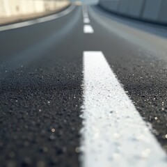 Fresh asphalt road with white lane markers shows fine water drops after rain. Smooth dark surface guides to horizon. New highway construction.