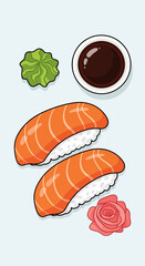 Salmon Sushi with Soy Sauce and Wasabi