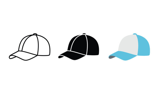 Collection of baseball cap vector graphic illustrations showing outline solid fill and color variations