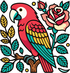 Obraz premium Colorful scarlet macaw parrot illustration perched on a tree branch with roses and decorative teal leaves isolated on white background for tropical nature design