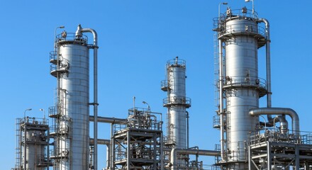 Fototapeta premium Industrial oil refinery with metal distillation column against blue sky. Energy production and chemical processing plant. Petroleum industry concept.