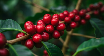 Close-up of Ripe Coffee Cherries on Branch with Green Leaves, Selective Focus