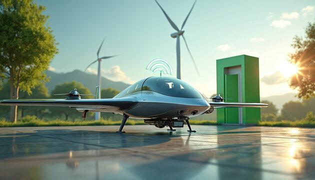 Futuristic air taxi drone charges at green station near wind turbines. Eco friendly air transport awaits clean energy power. Sky taxi ready for future flight.