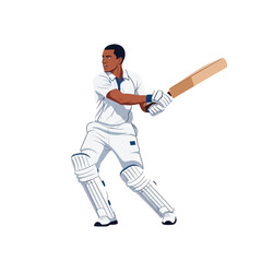 Fototapeta premium Illustration of a cricket player wearing white uniform and protective gear, swinging a bat on a plain background.
