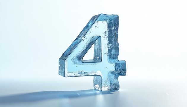 Number four sculpted from clear ice sits on reflective surface. It has a cool blue hue and shows internal texture and bubbles. This numeral design element is isolated on a bright white backdrop.
