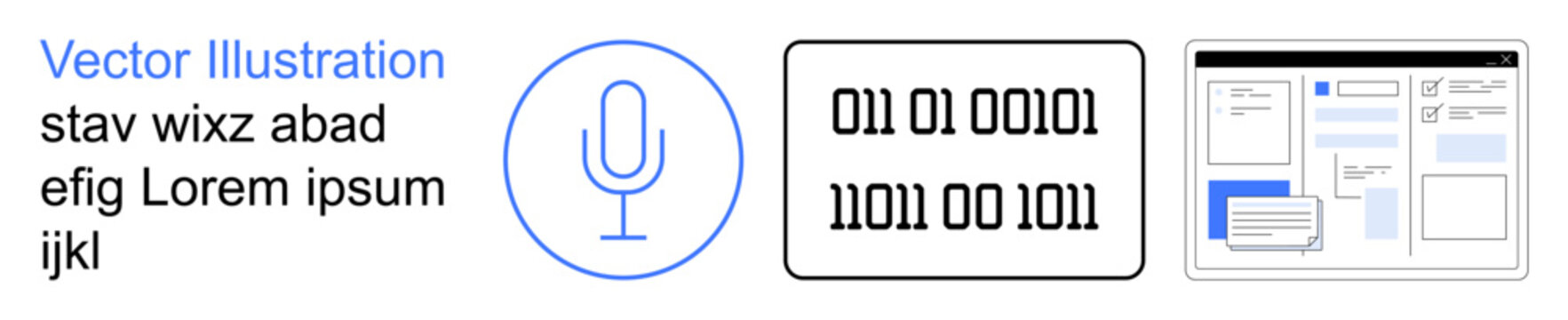 Artificial intelligence, voice recognition, data encryption, digital communication, programming, software design. Microphone graphic with binary code and UI elements. Voice recognition and AI