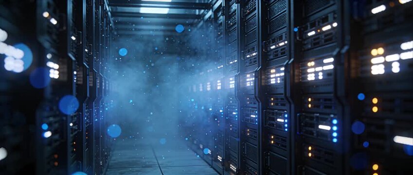Futuristic data center server network technology cloud storage security digital infrastructure room corridor with glowing server racks blue light bokeh cool mist atmosphere and modern cybersecurity