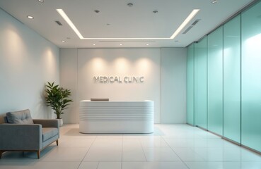Modern medical clinic lobby with white reception desk and seating area. Frosted glass partitions and clean white walls create a serene healthcare environment. Pro interior design promotes wellness.
