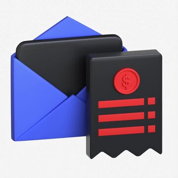 Premium 3D icon showing a blue envelope with a black salary slip and dollar coin icon representing financial compensation and monthly payroll processing