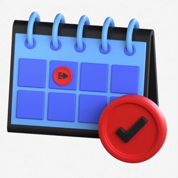Detailed 3D rendering of a desk calendar with a red checkmark and exit symbol representing vacation planning and leave of absence approval