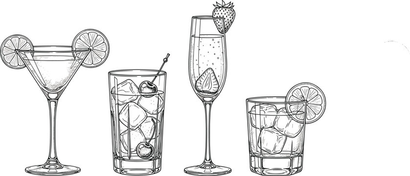 Hand drawn black and white cocktail collection featuring martini margarita prosecco with strawberries and whiskey on ice for vintage bar menu and restaurant drink design