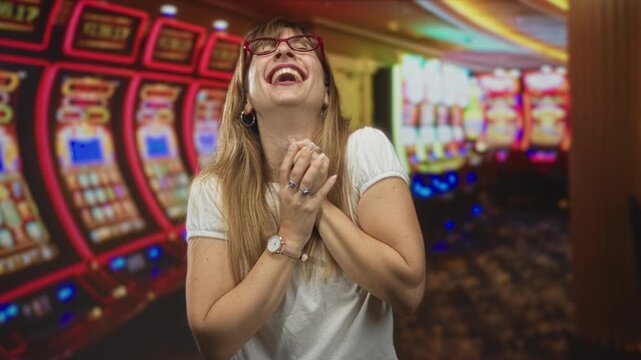 Woman smiling and clasping hands near face beside row of slot machines in casino; joy luck celebration.