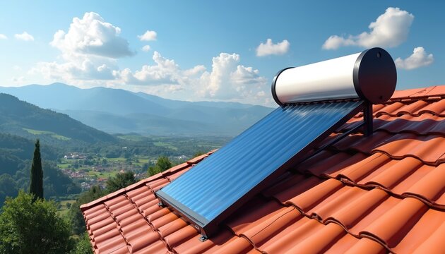 Solar water heater on red tile roof. Blue collector and white tank absorb sun rays. House in green valley below, mountains distance, clear sky.