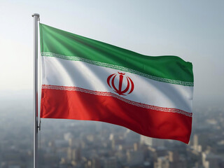 Naklejka premium High-resolution image of the Iranian flag fluttering in the wind with a hazy cityscape below.