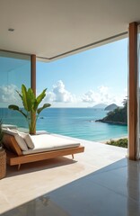 Fototapeta premium Modern luxury villa balcony with daybed overlooks calm turquoise ocean bay. Lush green island hills meet bright blue sky with fluffy clouds. Peaceful coastal paradise escape.