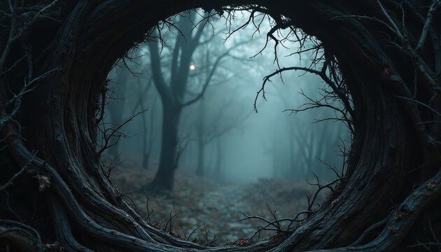 Dark gnarled tree roots frame a misty forest path with bare branches. A faint moon hangs in the hazy, twilight sky. Scene evokes eerie, haunting atmosphere suitable for horror tales.